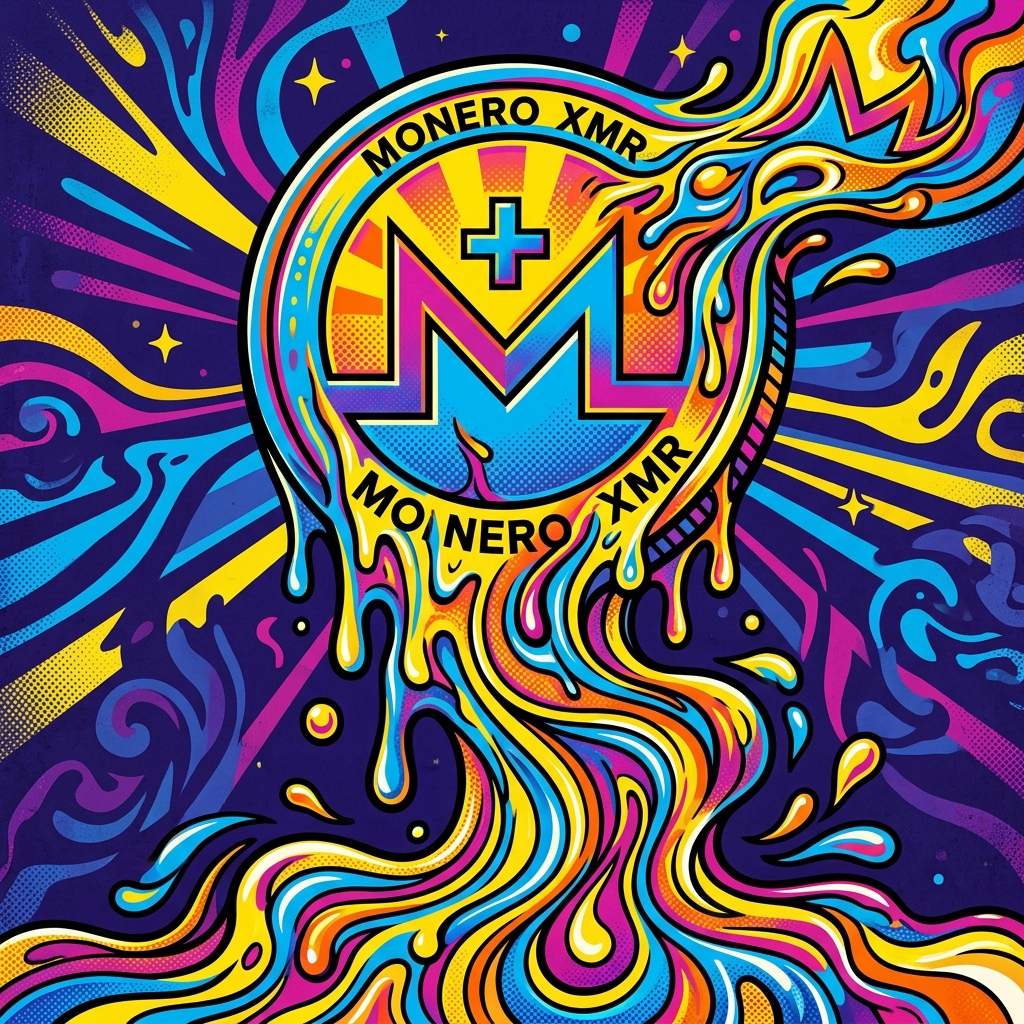 Neon Pop Art Melting Coin representing Monero and digital cash liquidity