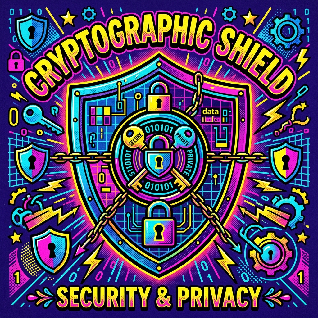 Pop art graphic representing cryptocurrency cryptographic shield